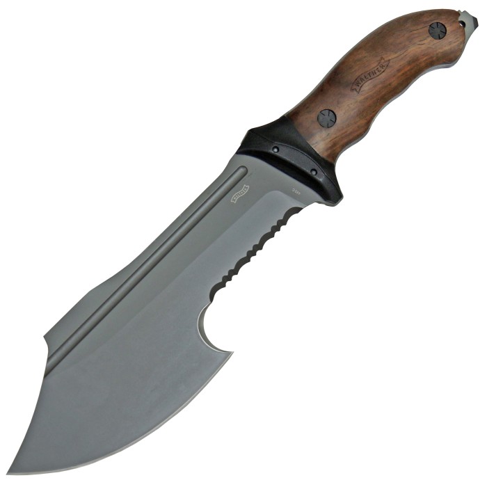 Walther, Outdoormesser, partieller Wellenschliff, G10/Walnussholz Griff, Scheide